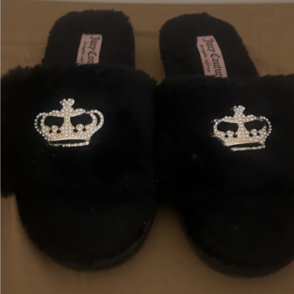 Juicy Couture Black Slippers with Rhinestone Crown